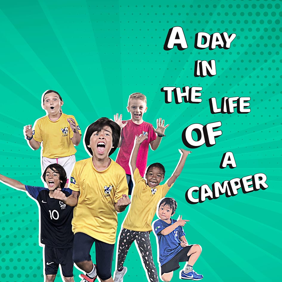 A smiling child wearing a camp t-shirt jumping into a foam pit during a holiday gymnastics camp.