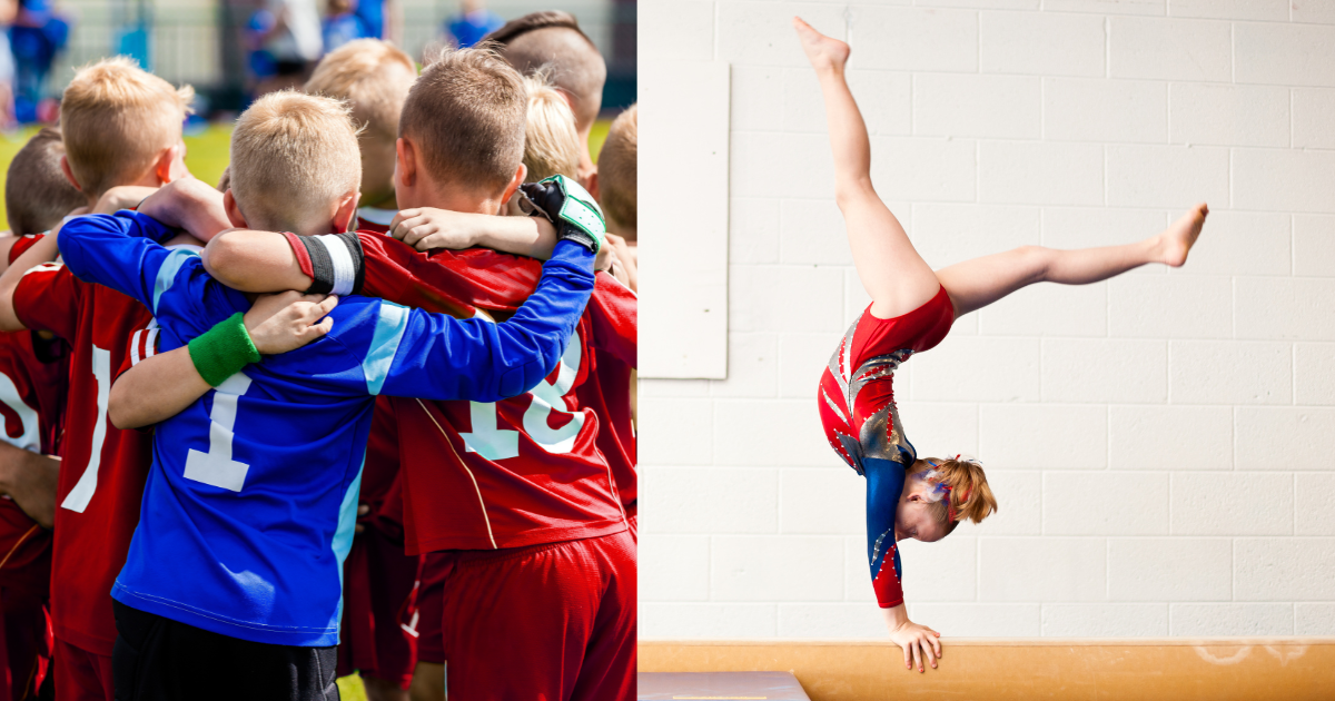 A side-by-side view of a child on a balance beam and a group of kids playing soccer.