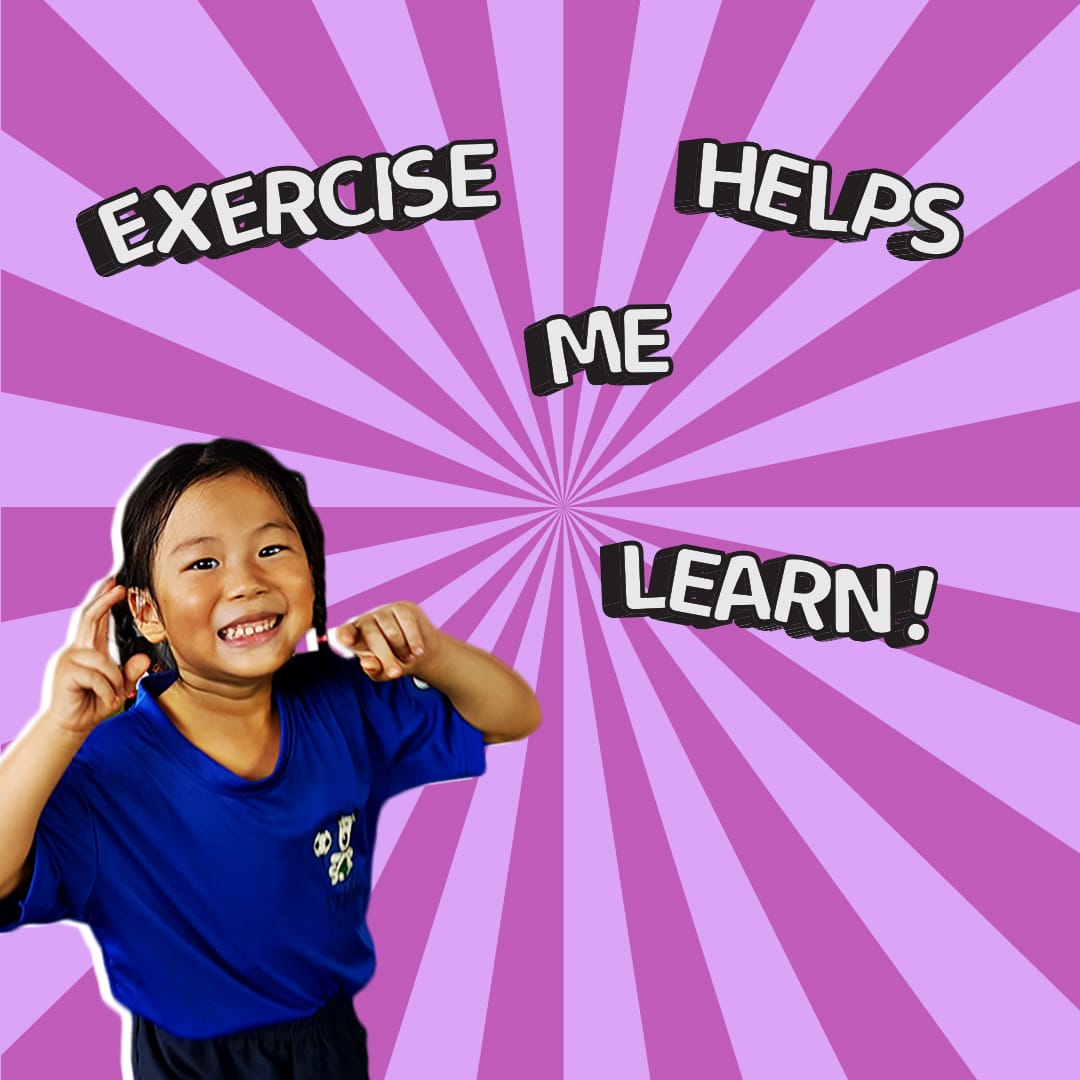 A close-up of a smiling child's face after completing a challenging physical exercise.