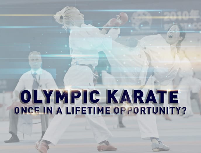 A young student in a white karate gi practicing a focused front kick in a bright martial arts dojo.