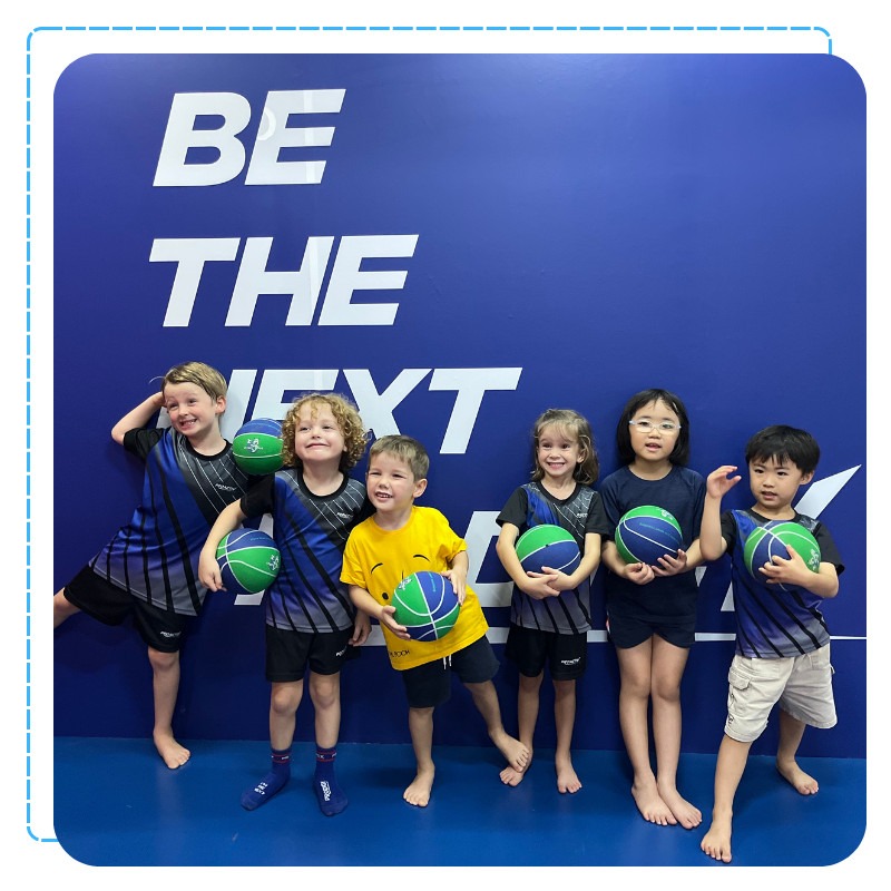 A collage showing a child holding a tennis racket, a soccer ball, and wearing a gymnastics leotard.