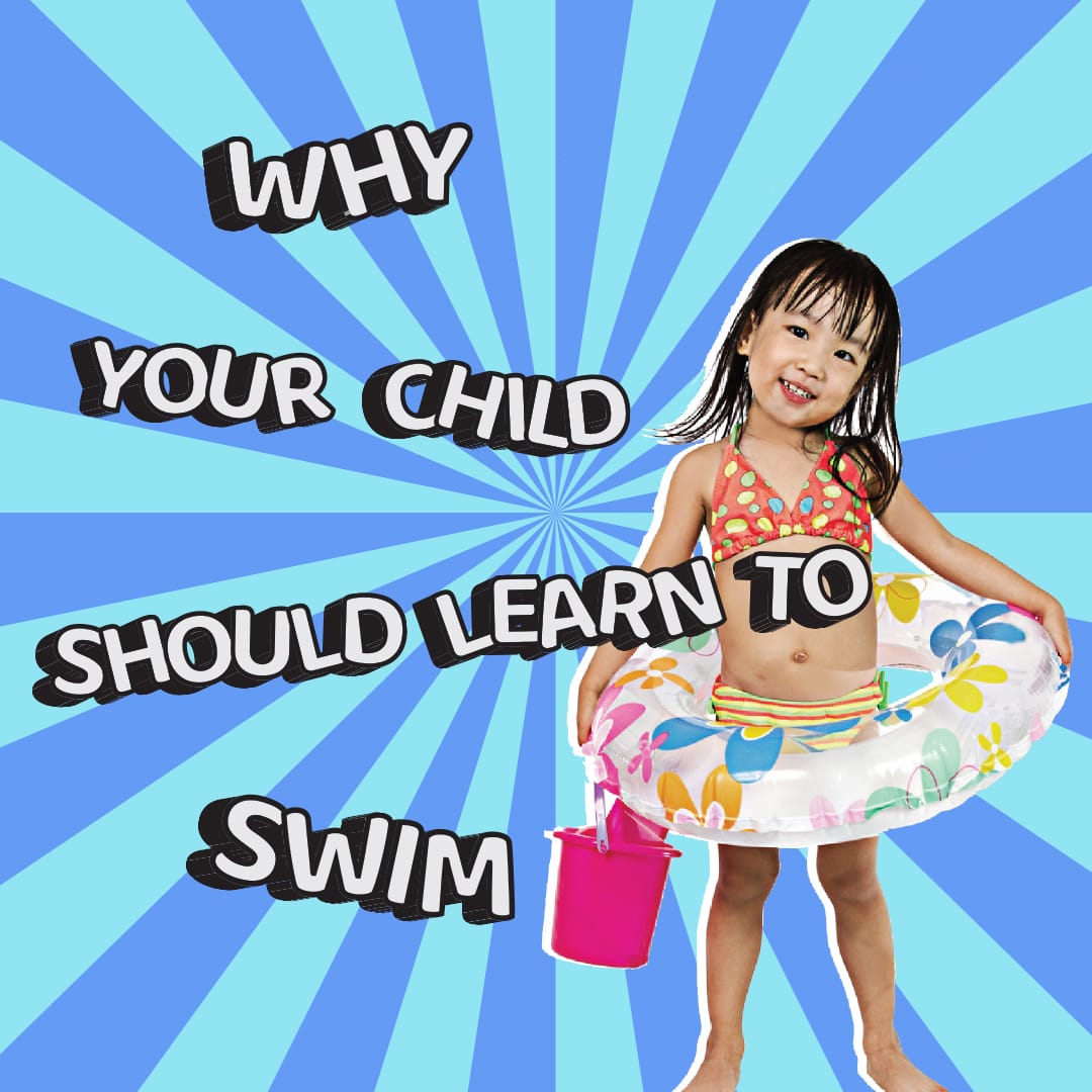 A smiling child wearing colorful goggles splashing playfully in a bright blue swimming pool.